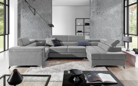 Coltar extensibil dreapta 6 locuri ELTAP, Th-69, Thiago, 342x208x88 cm, lemn/poliester, gri deschis