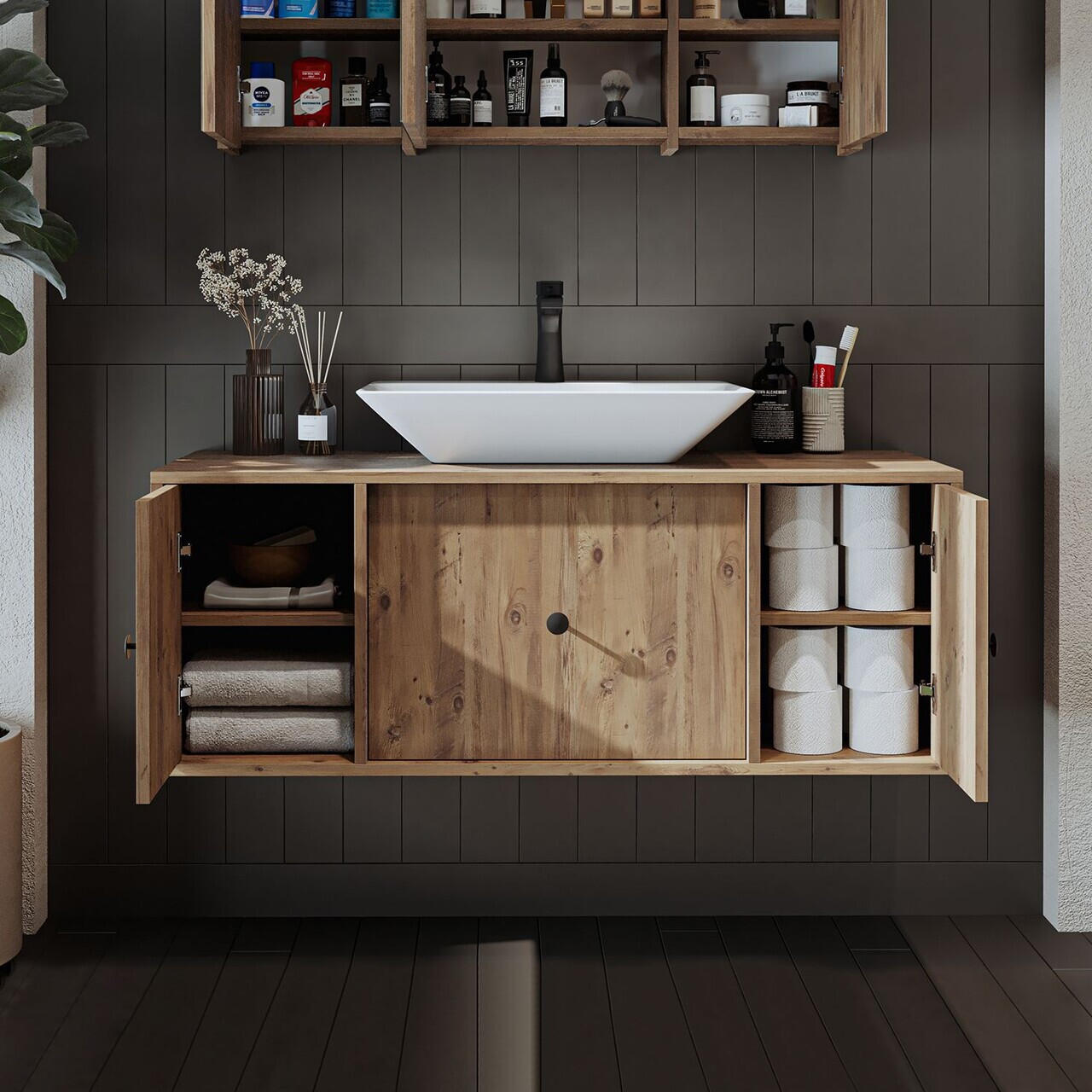 Dulap de baie cu chiuvetă, Hanah Home, 2543, MDF, Maro — imaginea 4