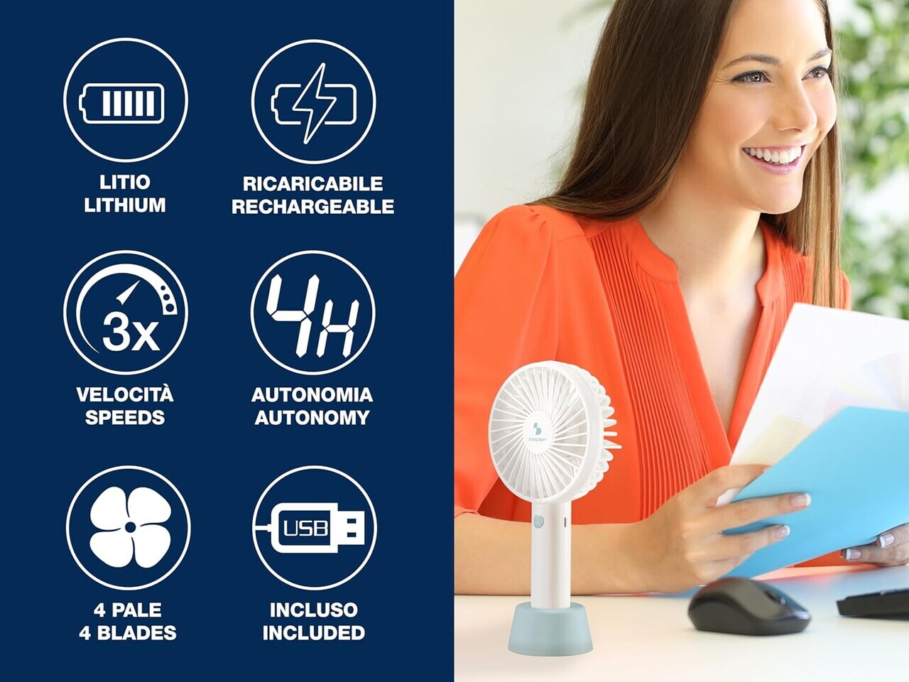 Ventilator USB, Beper, 4W, 3 viteze, alb/albastru - view 5