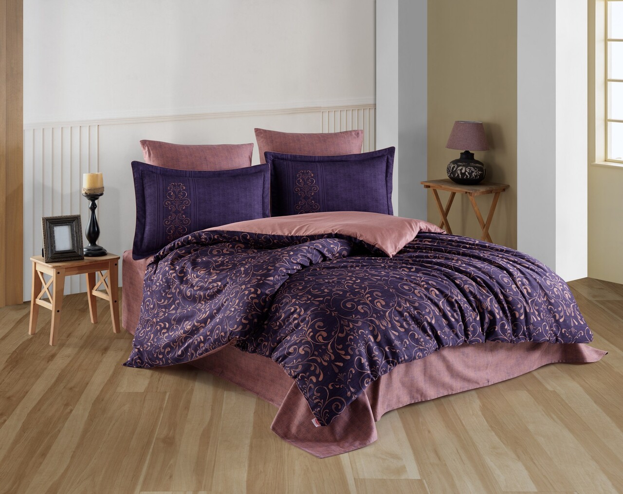 Lenjerie de pat dubla, Gris v2 - Purple, Hobby, Bumbac Satinat