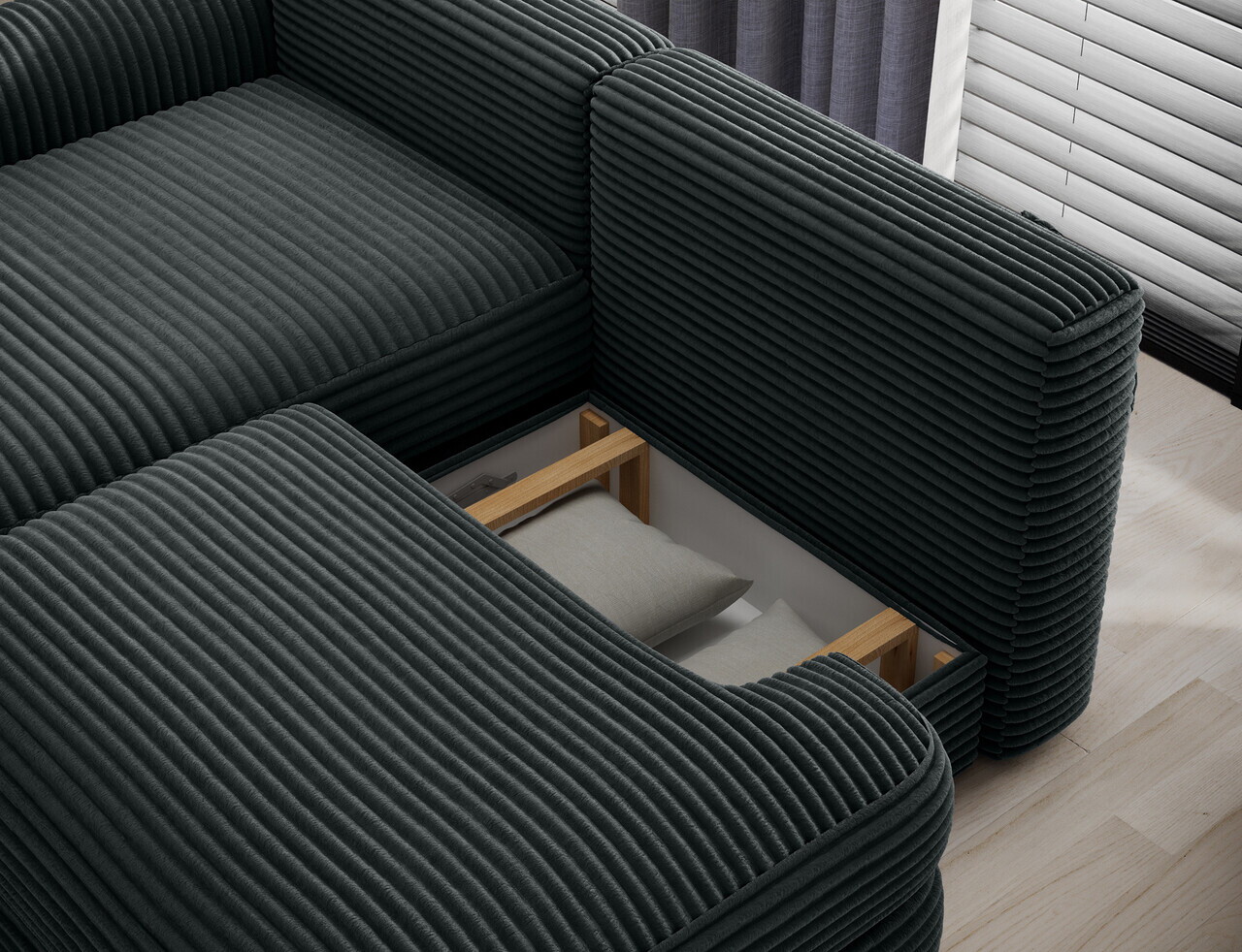 Coltar extensibil stanga 3 locuri ELTAP, Ripeli, 217x175x96 cm, lemn/catifea din poliester, verde inchis — imaginea 7