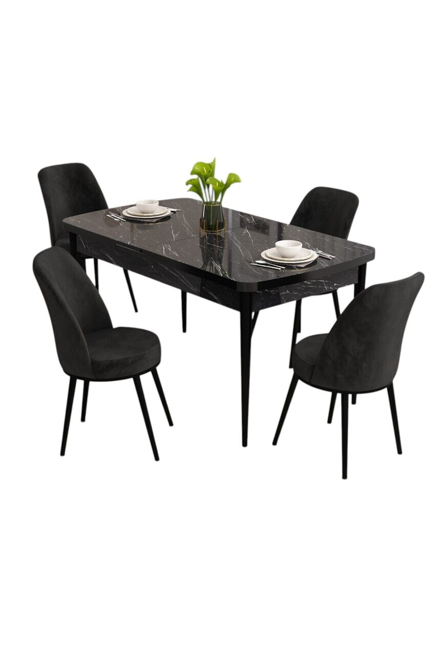 Set masa extensibila si scaune (5 piese), Hanah Home, Nix, Model de marmură neagră / Negru — imaginea 2