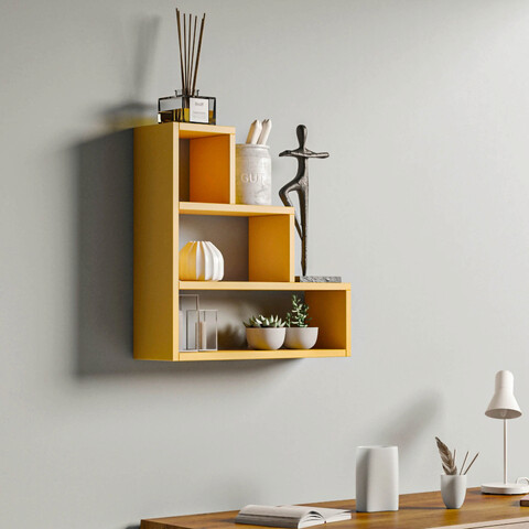 Raft de perete, kalune design, piramit, 62x62x18 cm, galben