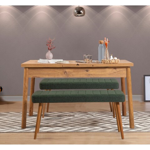 Set masă și bancă extensibile (3 piese), Vella, Santiago 1070, Pin Atlantic / Verde