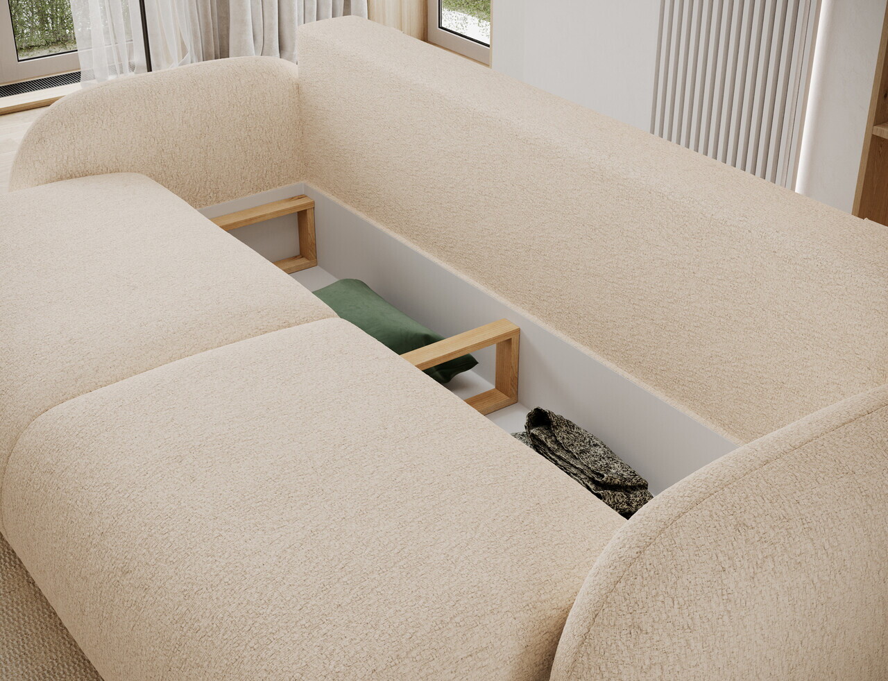 Canapea extensibila 3 locuri ELTAP, Avuela, 250x105x94 cm, lemn/tesatura chenille, bej deschis — imaginea 7