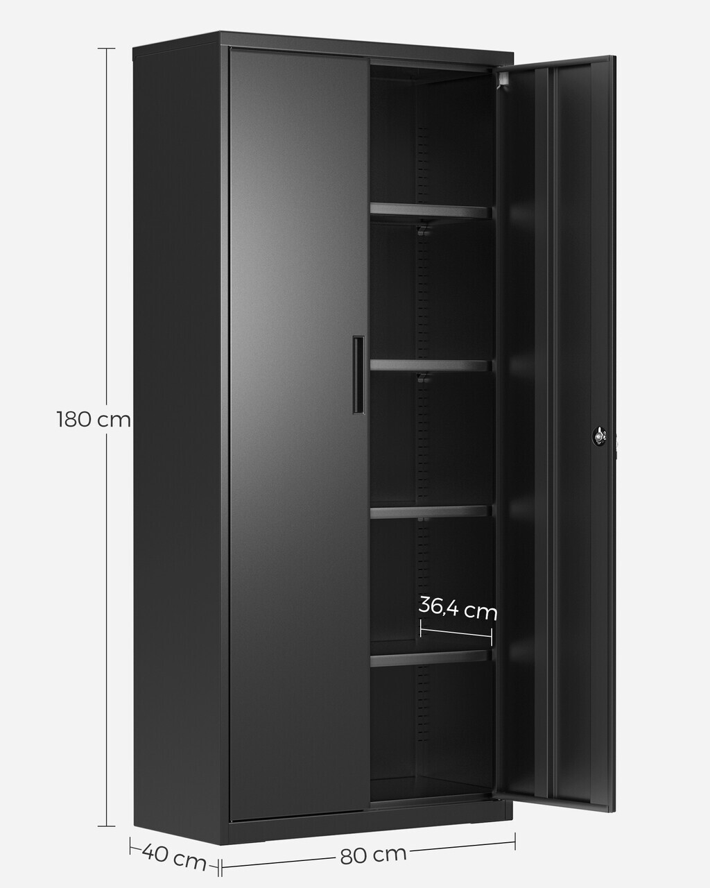 Dulap metalic birou, Songmics, 4 rafturi, cu incuietoare, 80x40x180 cm, otel, negru - imagine 6