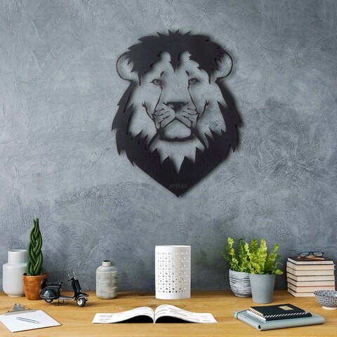 Decoratiune de perete, lion head, metal, dimensiune: 50 x 38 cm, negru