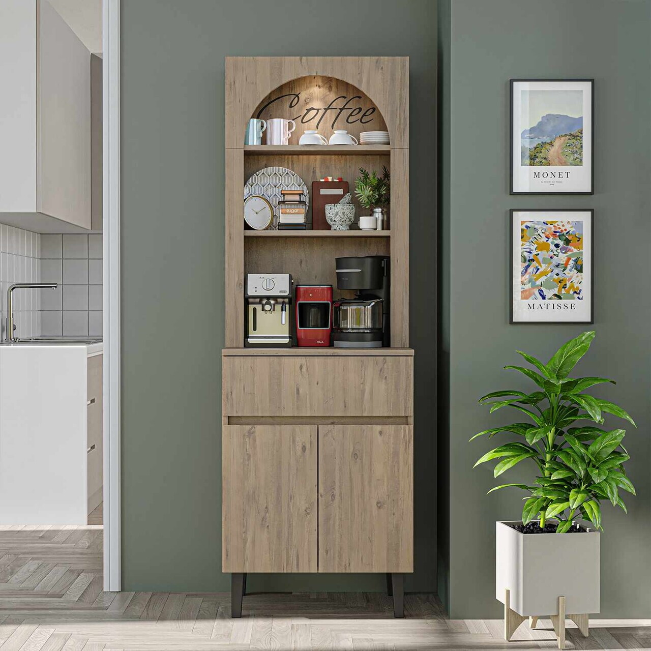 Dulap de bar pentru cafea, Hanah Home, Ledli, 60x179x41.8 cm, PAL, Maro — imaginea 2