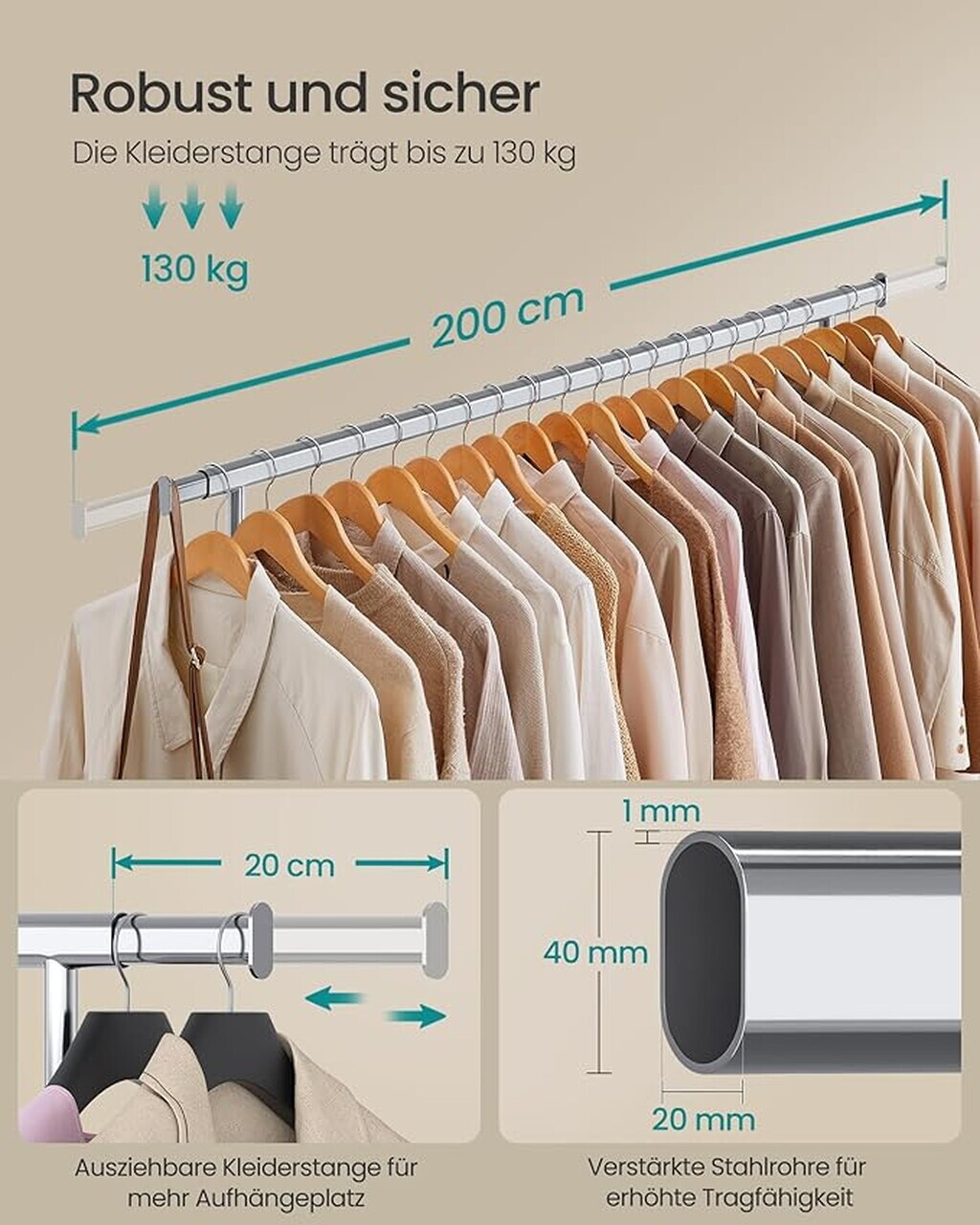 Suport mobil si extensibil pentru umerase, Songmics, 160-200x45x161.5 cm, max 150 kg, otel/plastic, argintiu — imaginea 3