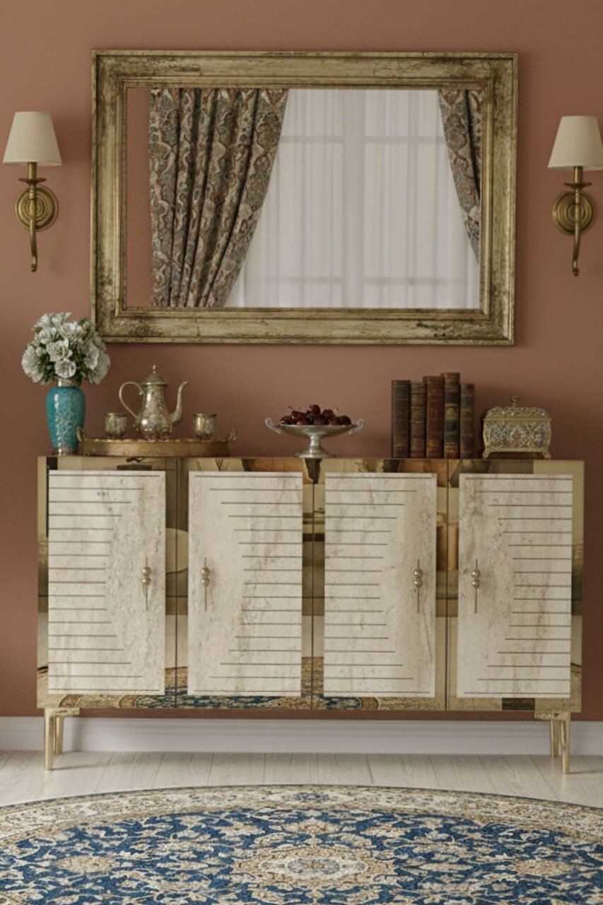 Consola, Hanah Home, Tuna 120, 120x75x32 cm, White / Travertine / Gold - view 3