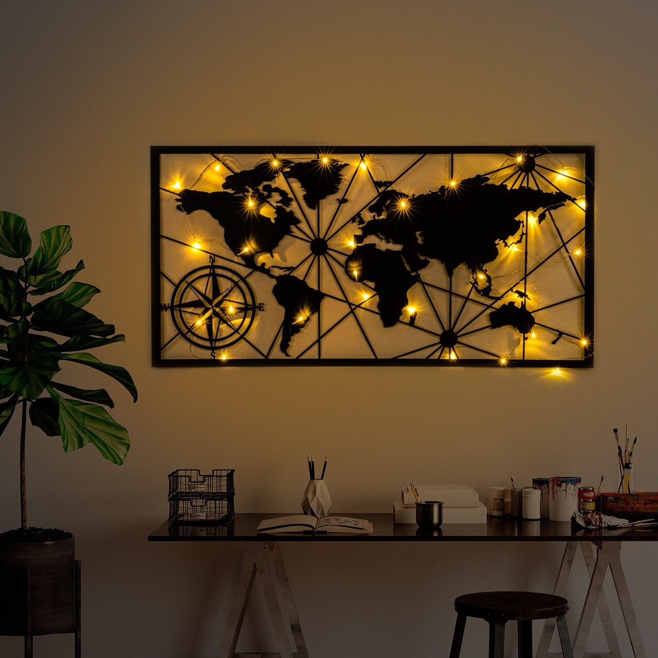 Decoratiune de perete, World Map Led 452, Dimensiune: 60 x 120 cm, Negru - view 2