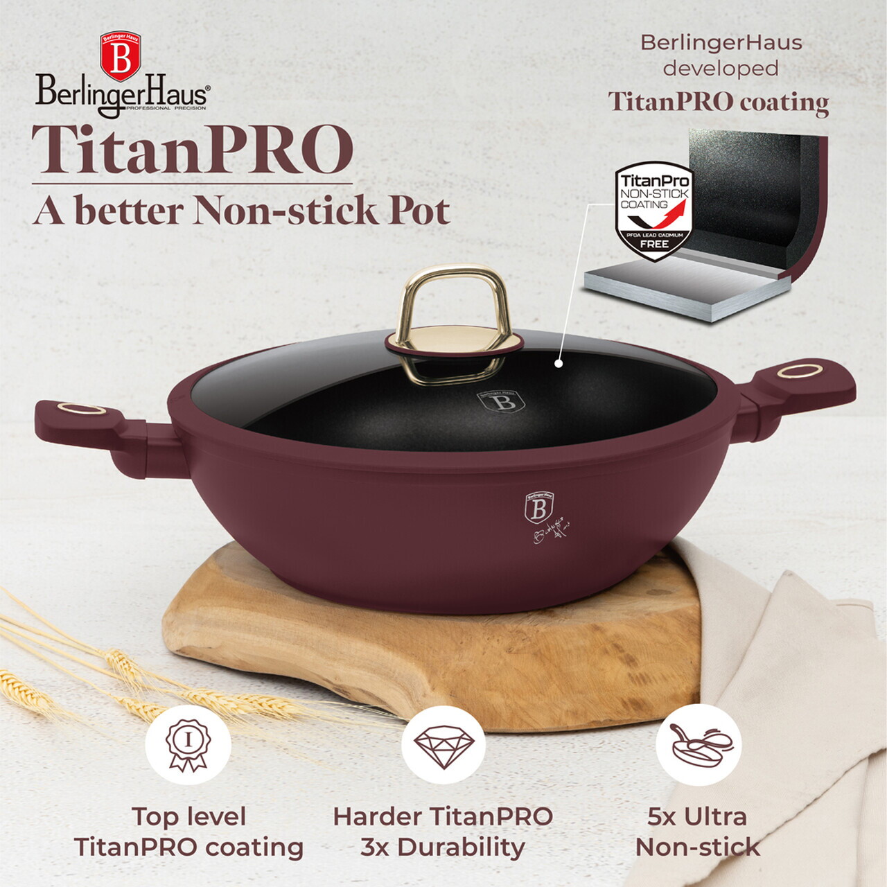 Tigaie Wok cu capac Berlinger Haus, Leonardo, 30 cm, aluminiu forjat, visiniu mat - imagine 9