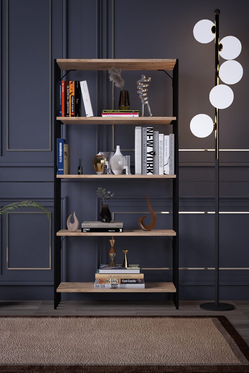 Corp biblioteca, Valovi, Verona, 72x150x26 cm, PAL, Negru / Pin Atlantic - 1 | YEO