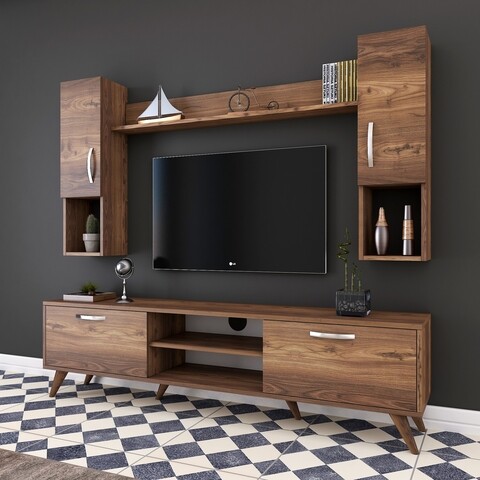 Comoda TV cu raft de perete si 2 cabinete M27 – 284, Wren, 180 x 35 x 48.6 cm/133 cm, walnut 180
