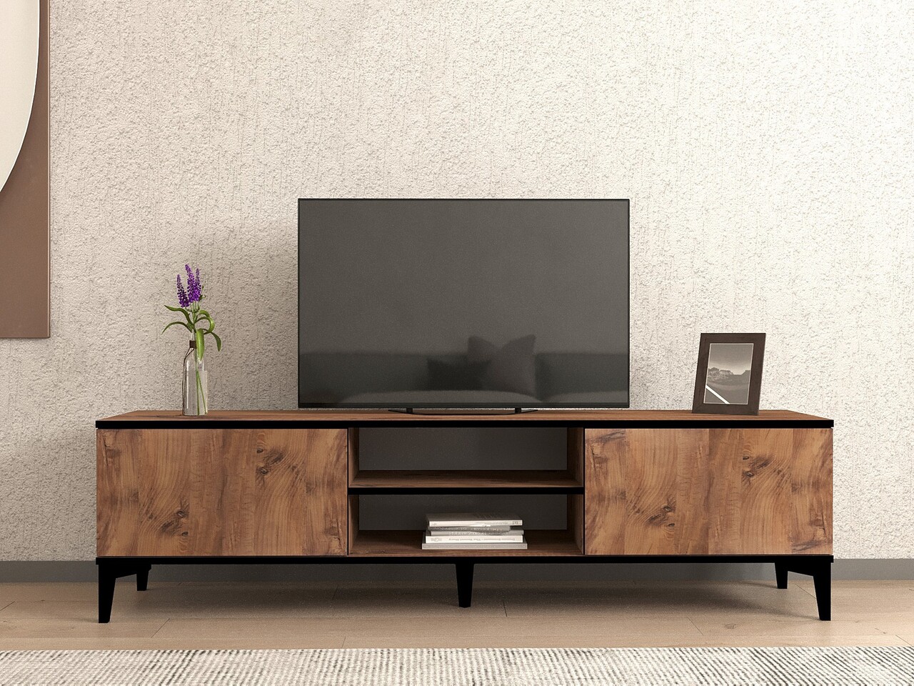 Comoda TV, Puqa Design, Begi, 180x12x45 cm, PAL, Pin Atlantic / Negru - 2 | YEO