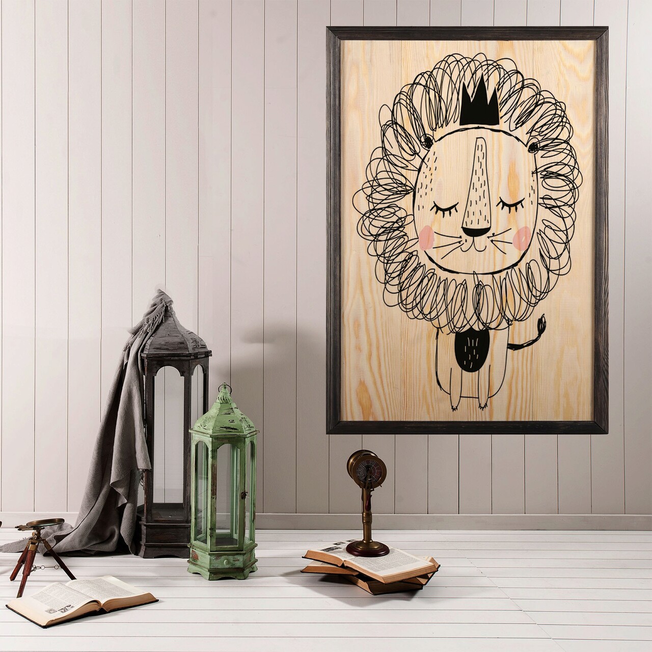 Tablou decorativ, Cute Lion, Lemn, Lemn, Multicolor