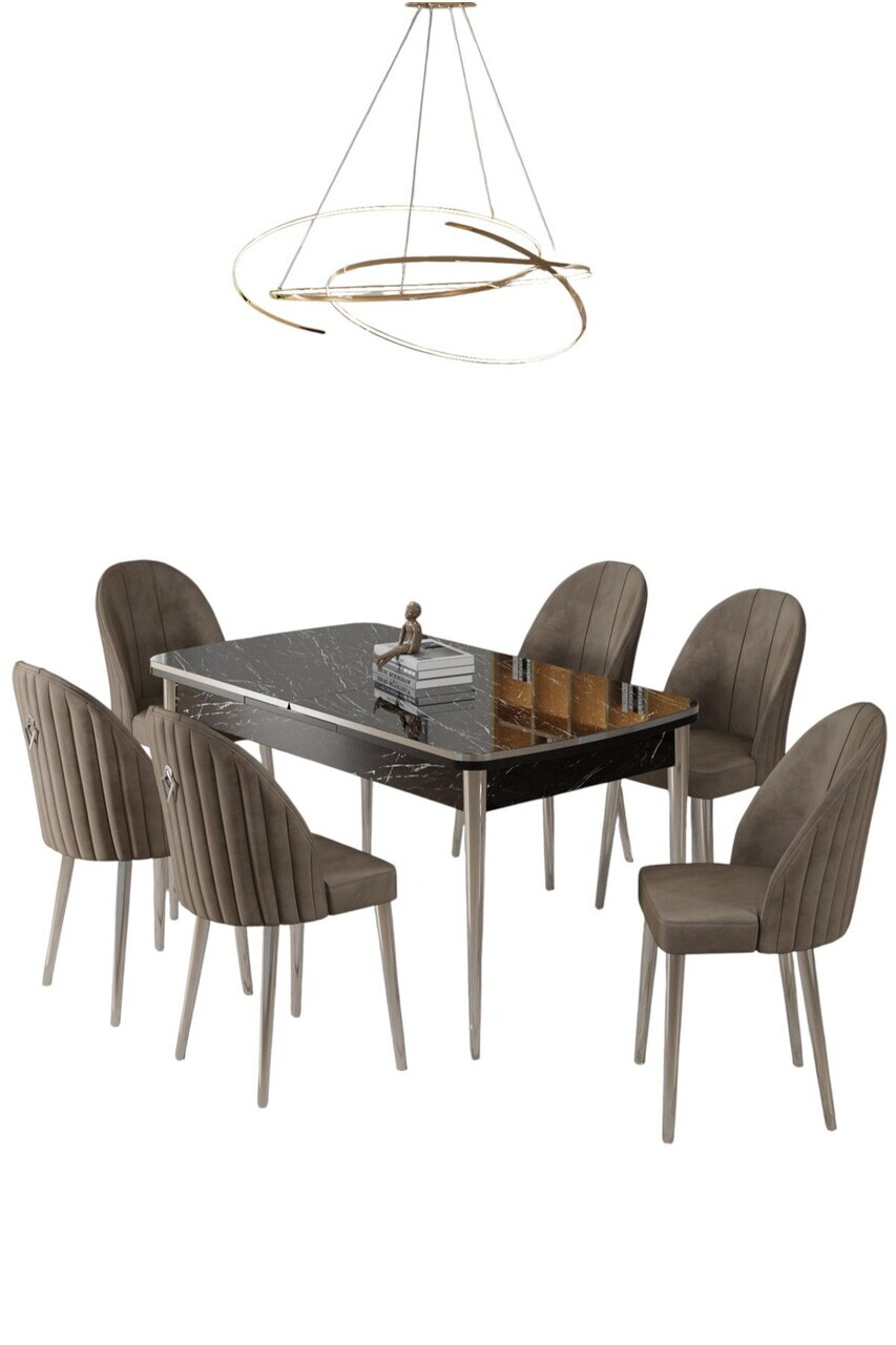 Set masa extensibila si scaune (7 piese), Hanah Home, Rada, Model de marmură neagră / Crom / Cappuccino