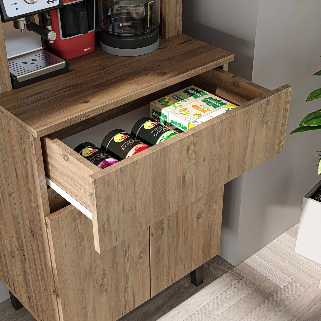 Dulap de bar pentru cafea, Hanah Home, Ledli, 60x179x41.8 cm, PAL, Maro — imaginea 4