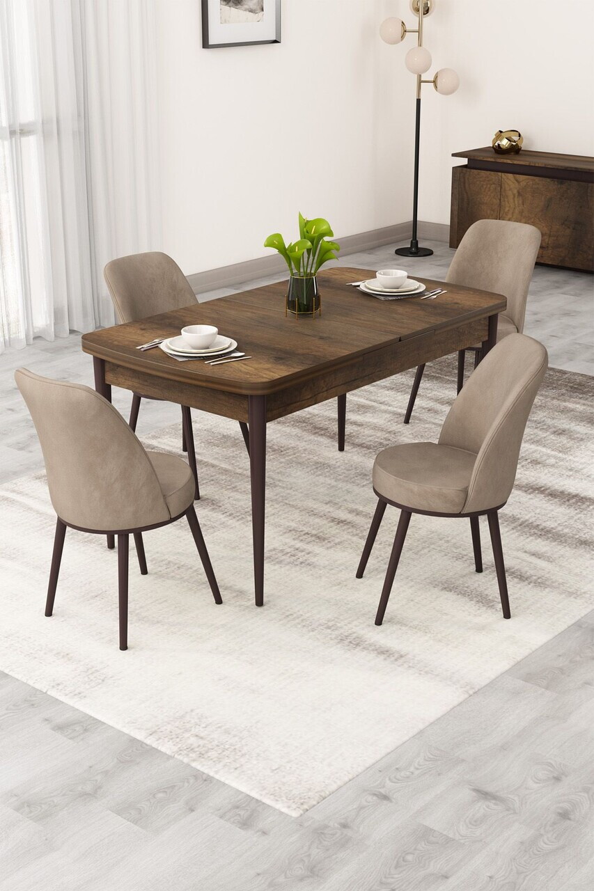 Set masa extensibila si scaune (5 piese), Hanah Home, Rax, Model baroc din lemn / Cappuccino