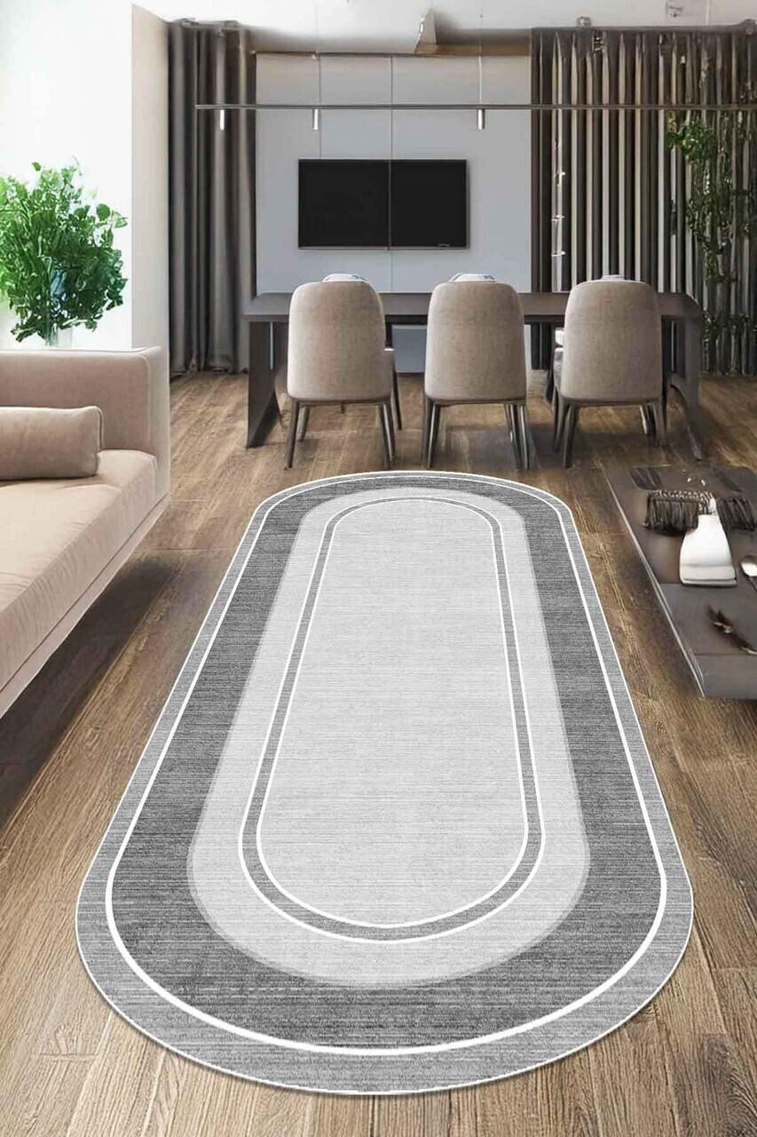 Covor, CLR-7374-OVAL-44, 100x300 cm, Poliester, Gri deschis / Gri