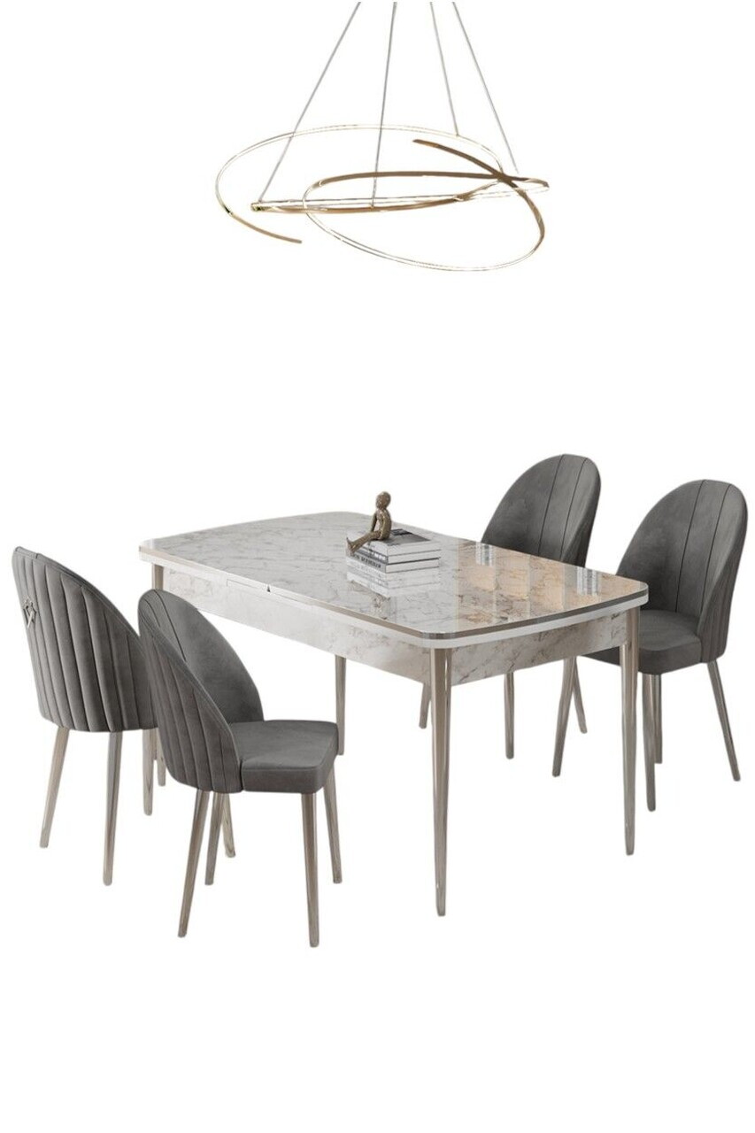 Set masa extensibila si scaune (5 piese), Hanah Home, Rada, Model de marmură albă / Crom / Gri — imaginea 2