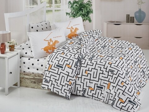 Lenjerie de pat dubla, Beverly Hills Polo Club, 035 White Orange, 4 piese, bumbac ranforce, multicolor Beverly Hills Polo Club