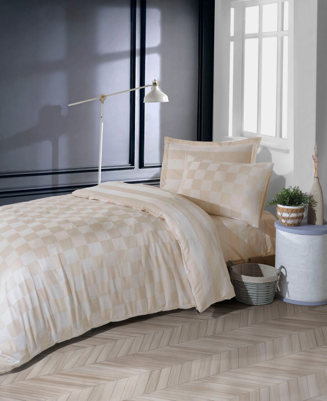 Lenjerie de pat pentru o persoana, Kareli Saten - Beige, EnLora Home, 70% bumbac/30% poliester