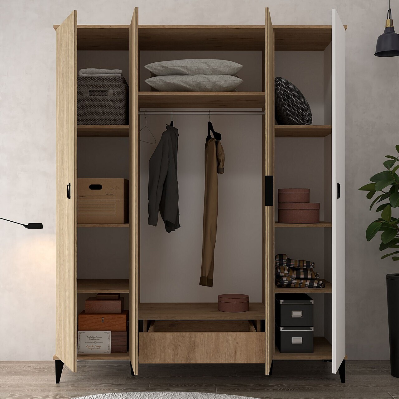 Dulap pentru haine, Hanah Home, Neva 6404, 164x200x52 cm, PAL, Stejar / Alb — imaginea 2