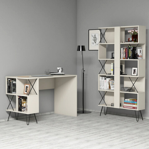 Set birou si biblioteca, Hommy Craft, Extra, 120x78.8x60cm, Cremă / Negru