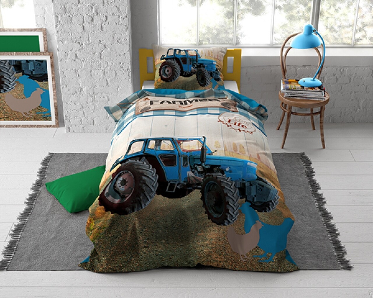 Lenjerie De Pat Pentru O Persoana, Tractor Life Blue, Dreamhouse, 2 Piese, 100% Bumbac, Multicolora