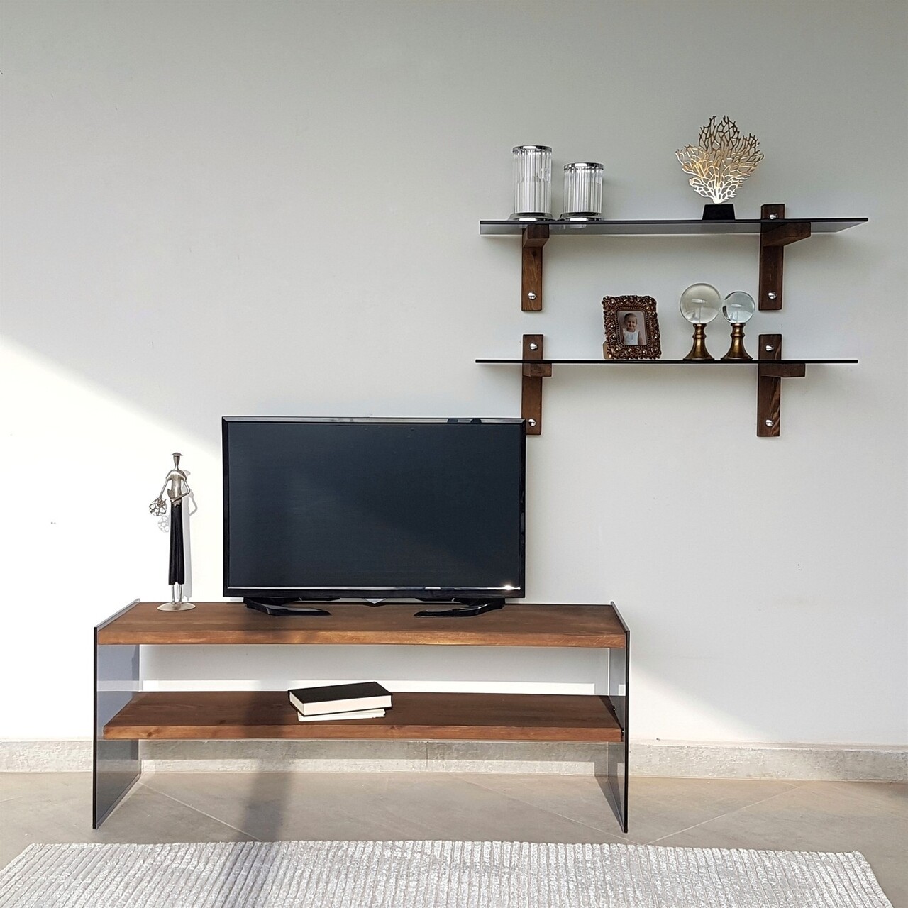 Comoda TV Cu Rafturi De Perete Neostill TV102, 120 X 45 Cm/85 X 25 Cm, Walnut