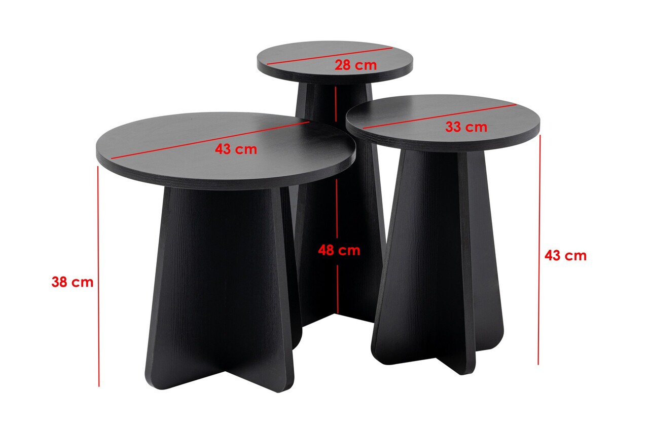 Set masute 3 piese, Nordure, Lume, PAL, Negru