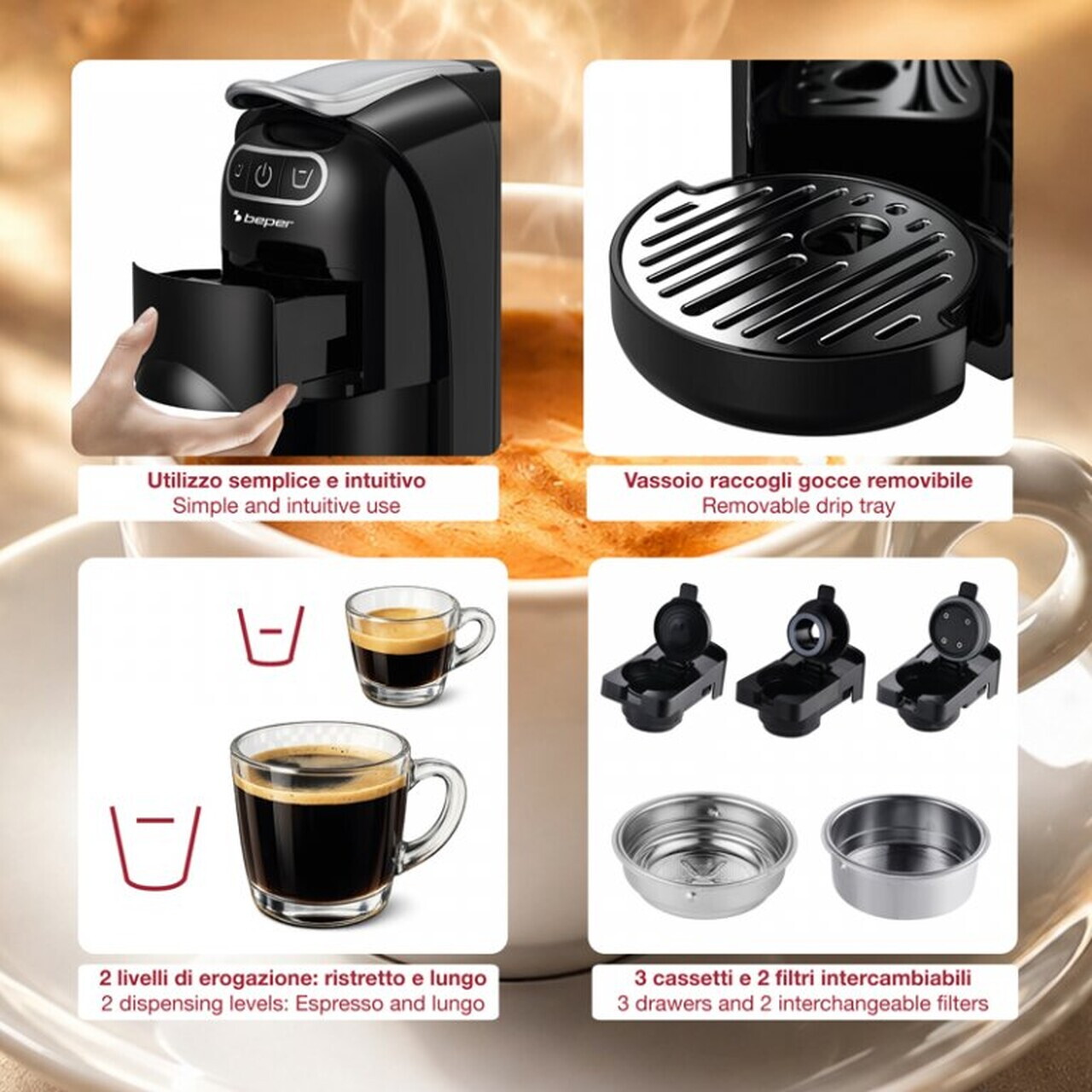 Espressor 4 in 1 Amata, Beper, 1400W, 29x12x26 cm, negru — imaginea 4