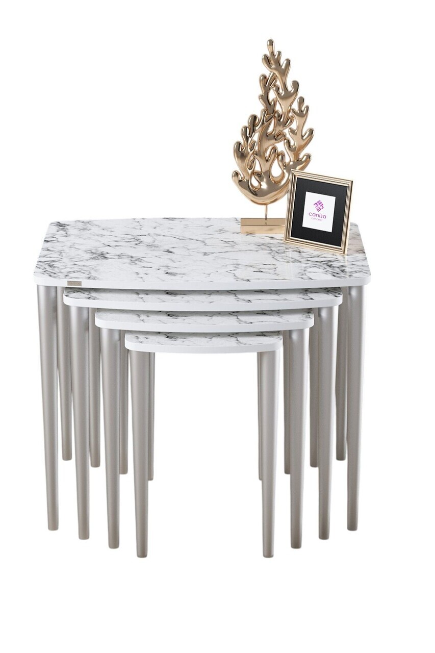Set masute Nesting 4 piese, Hanah Home, Telwe, Model de marmură albă / Argintiu — imaginea 2