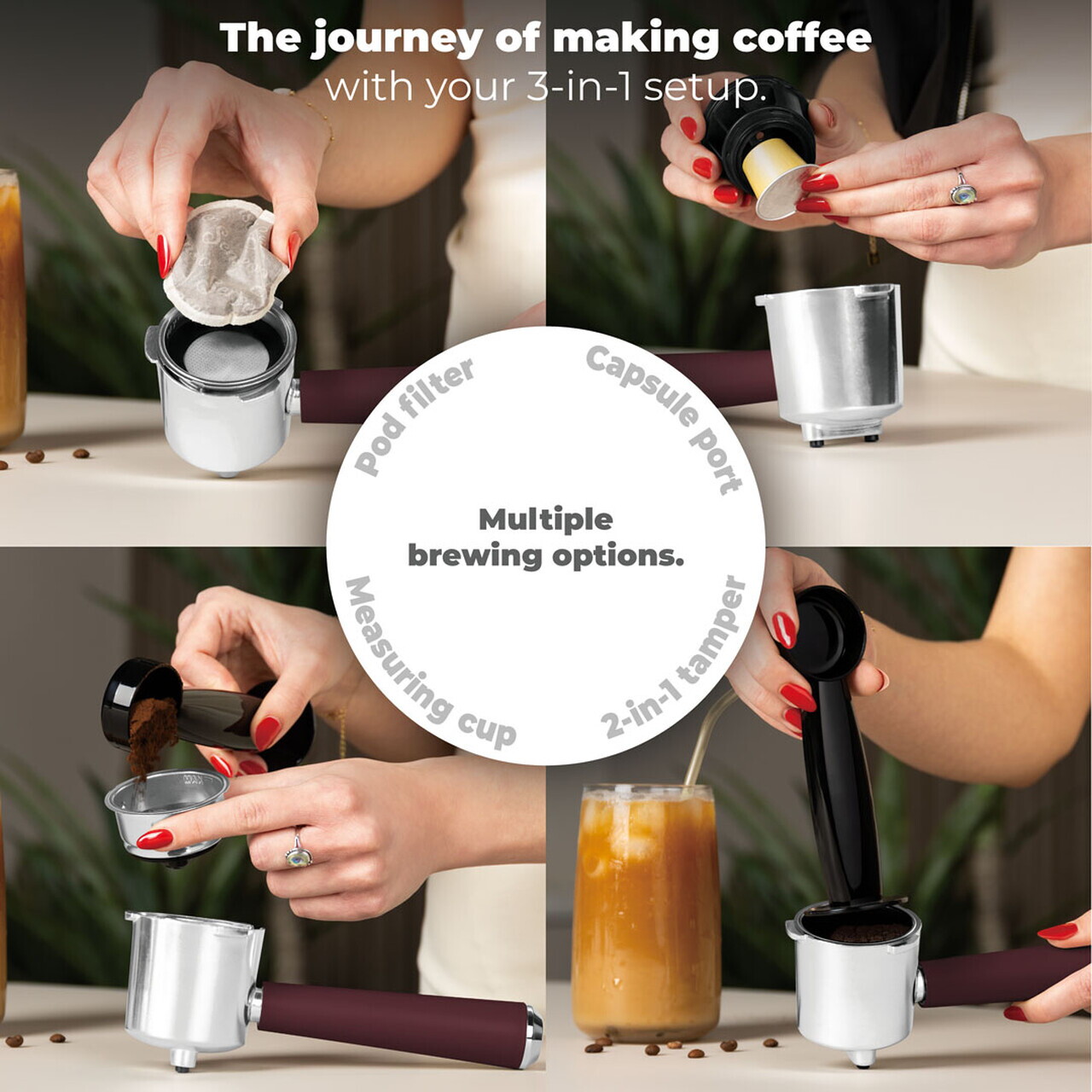 Espressor 3 in 1 Berlinger Haus, Leonardo Nordic, 950W, 23x26.5x30.5 cm, inox, visiniu mat/natur - imagine 5
