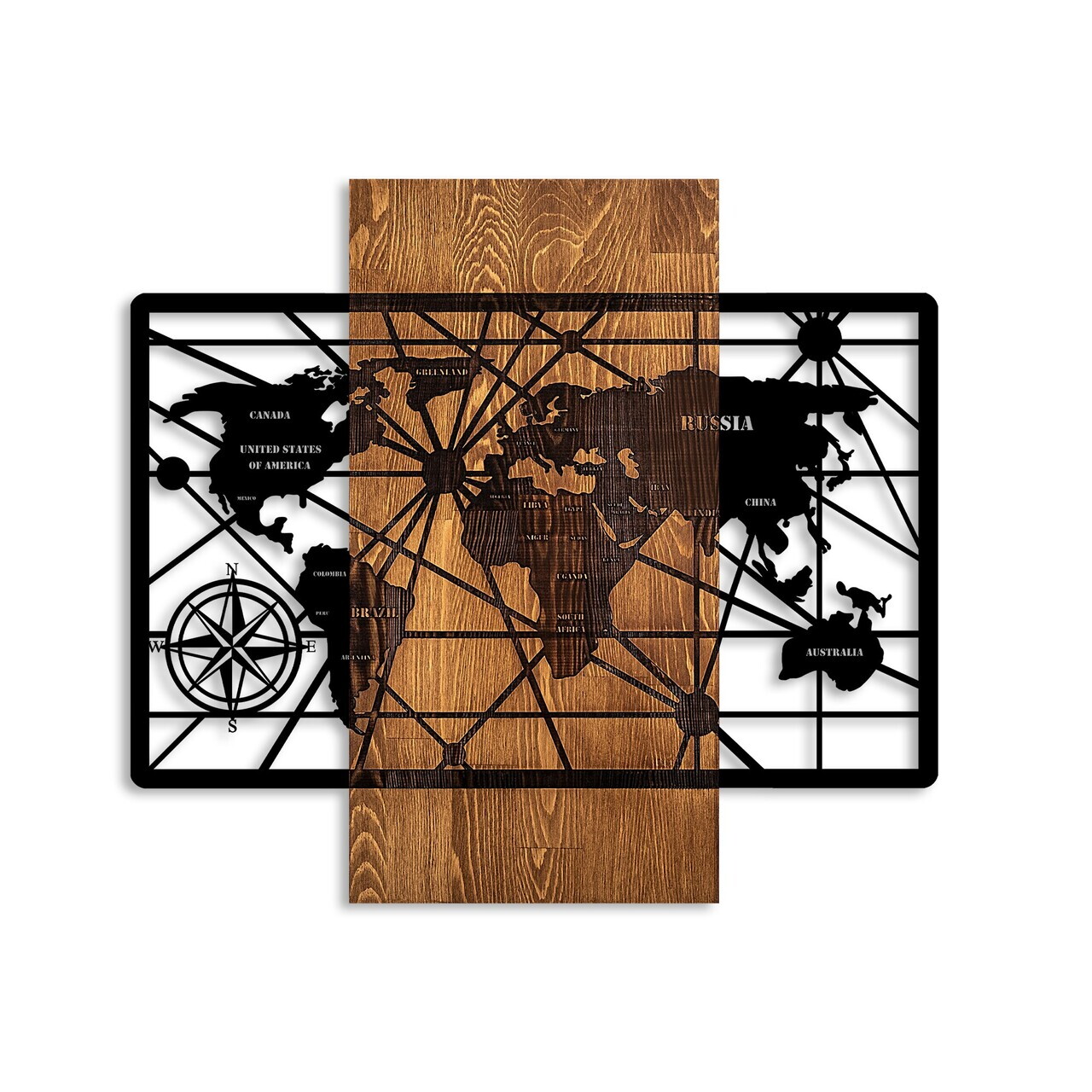 Decoratiune de perete, World Map 6-M, Dimensiuni: 57 x 63 cm, Nuc / Negru — imaginea 5