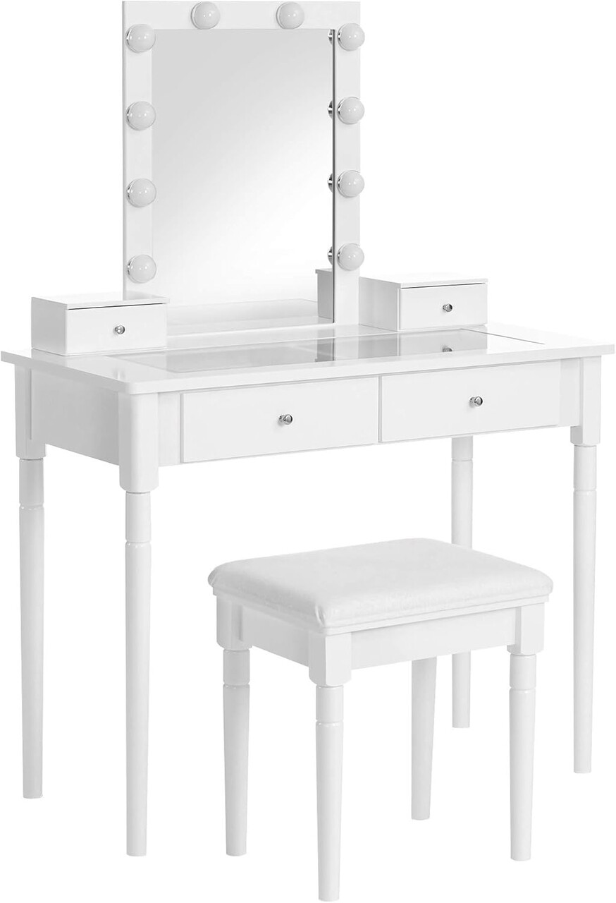 Masa de toaleta cu taburet si oglinda cu LED-uri / masuta dressing, Vasagle, 90x40x133.5 cm, MDF/lemn de pin/lemn de cauciuc, alb - 1 | YEO