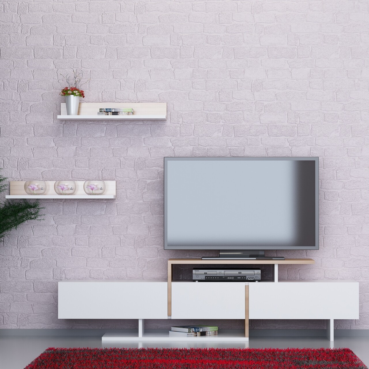 Comoda TV Cu 2 Rafturi Ekol, Decorotika, 164x30x40 Cm, Alb/bej