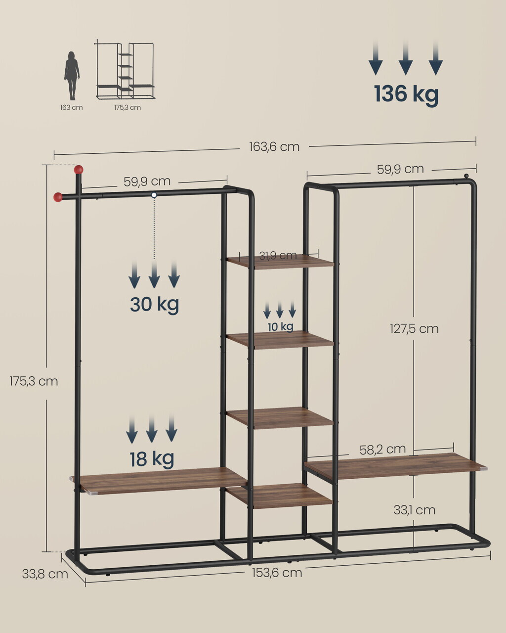 Suport haine cu rafturi si bare, Songmics, 6 rafturi, 2 bare, 163.6x33.8x175.3 cm, otel/PAL, maro nuc/negru - imagine 4
