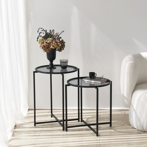 Set 2 masute de colt, Neostill, S412F, sticla temperata/metal, negru Masute living