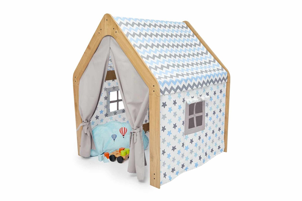 Cort de joaca pentru copii, Hanah Home, Wooden Tent, 95x114x90 cm, Natural / Alb / Albastru - imagine 2