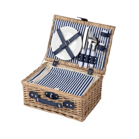 Cos de picnic 2 persoane Lorenzo, Homla, 38x26x16 cm, rachita/inox, natur/albastru