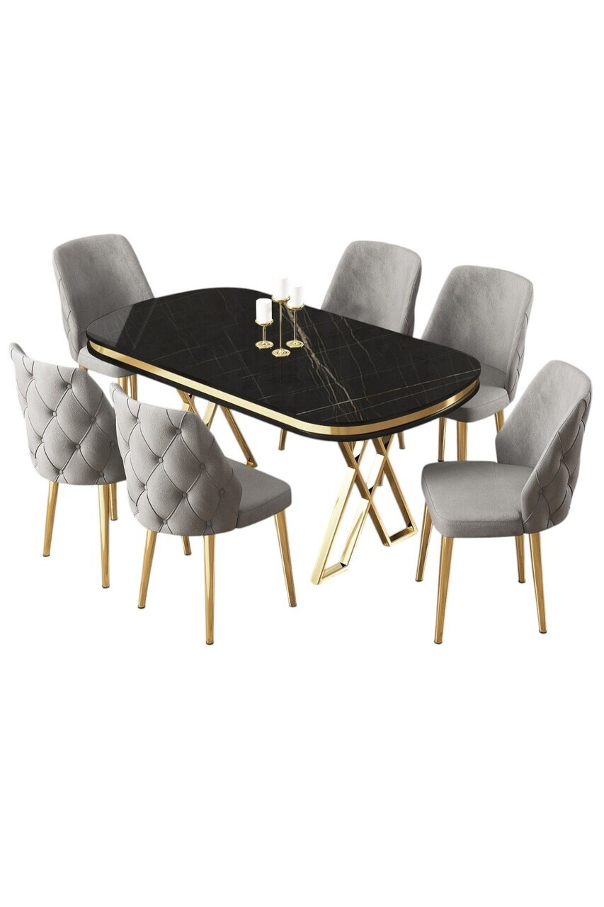 Set masa si scaune (7 piese), Hanah Home, Afe, Sonata / Auriu / Gri — imaginea 2