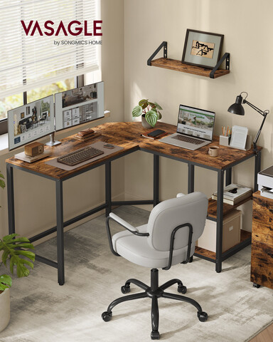 Birou de colt L-Shaped, Vasagle, design reversibil, 130x120x74.7 cm, PAL/otel, maro rustic