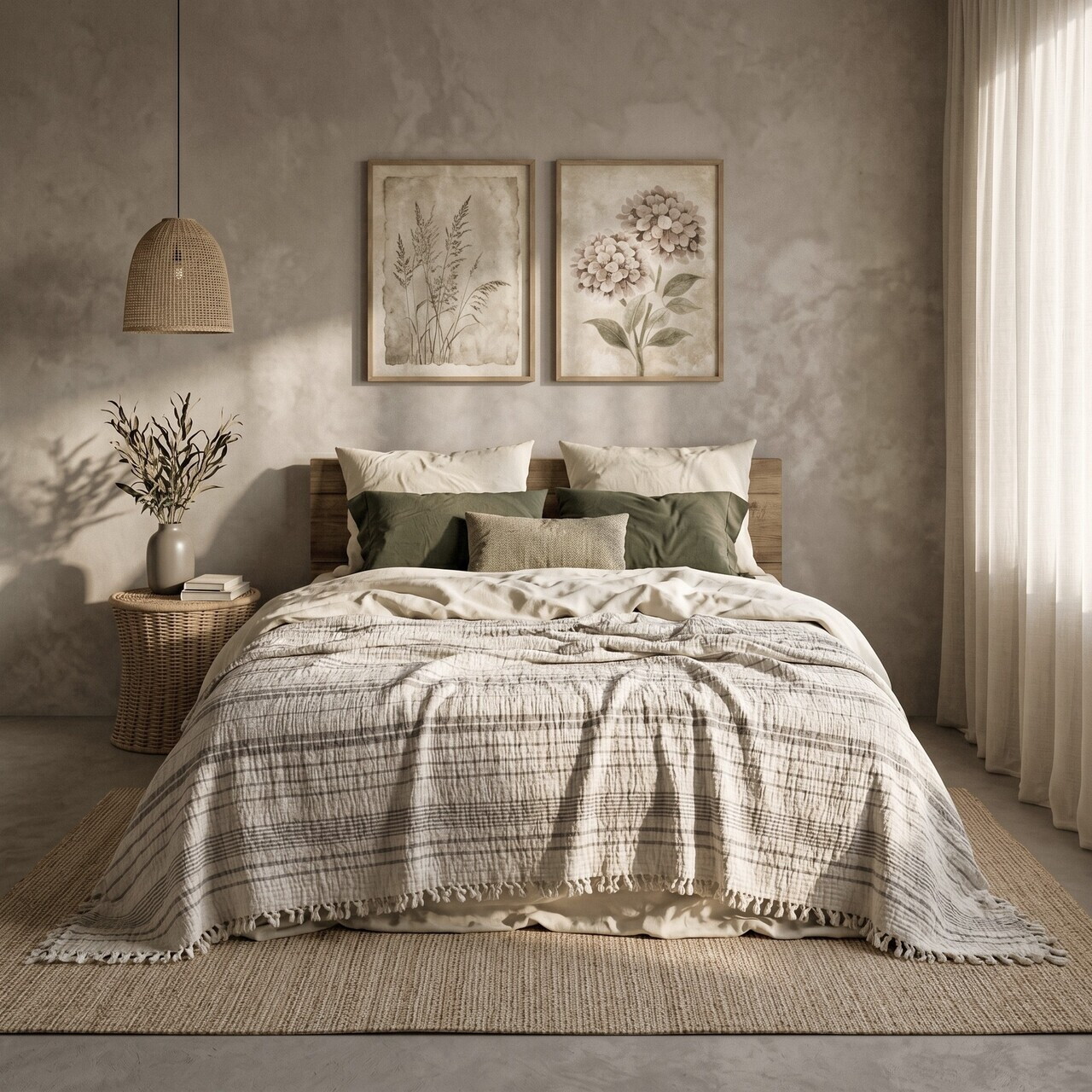 Cuvertură de pat King, L'essentiel Maison, Muslin, Bumbac, Ecru / Gri