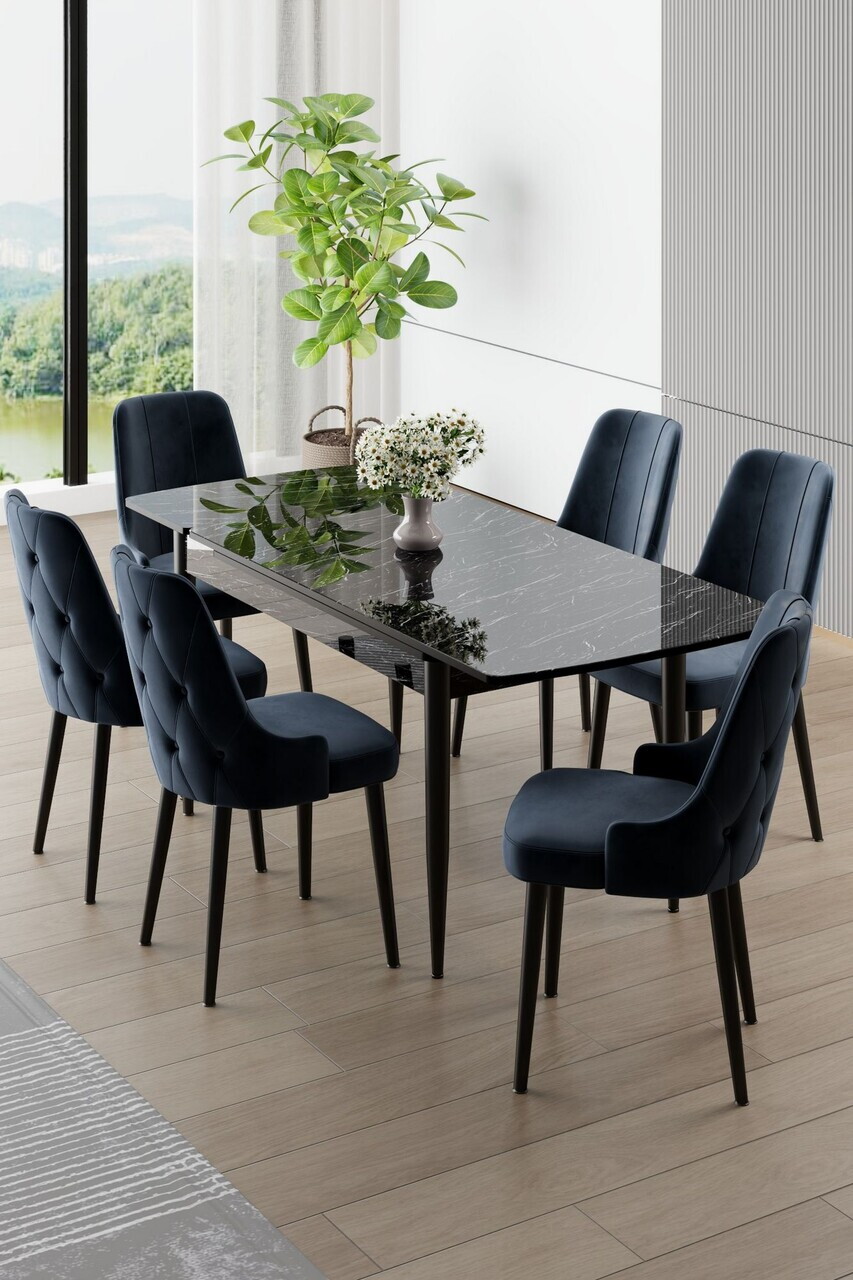 Set masa extensibila si scaune (7 piese), Hanah Home, Nola, Model de marmură neagră / Antracit
