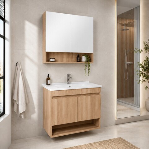 Set Dulap de Baie cu Chiuvetă și Oglindă (2 Piese), Hanah Home, Compacta 60, Nuc deschis