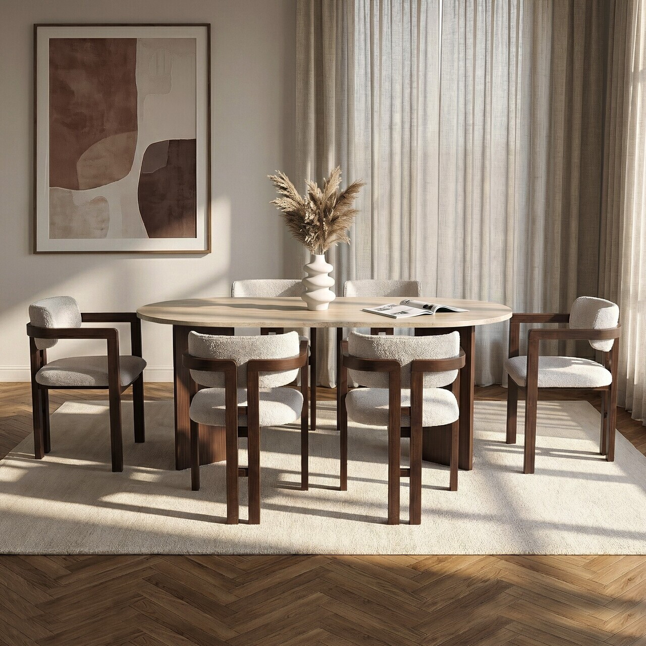 Set masa si scaune (7 piese), Nordure, Meridia 6, Travertin / Nuc Milano / Nuc Închis / Alb — imaginea 2
