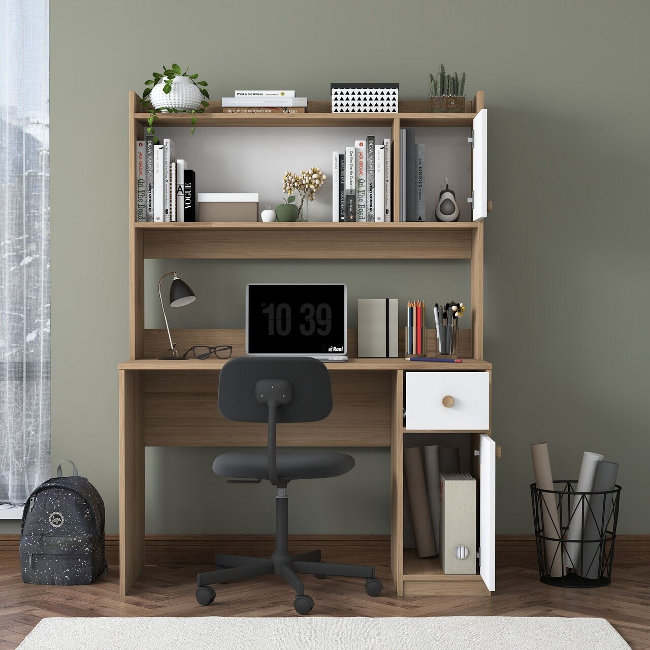 Set birou si biblioteca, Hanah Home, HA127, 120x166x50 cm, PAL melaminat, Nuc/Alb - view 4