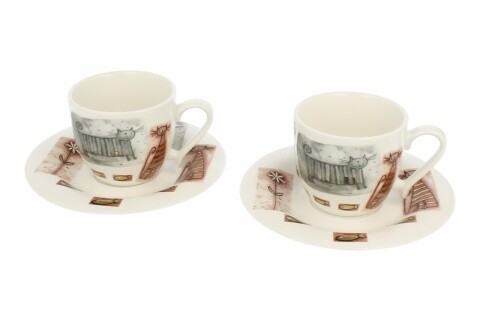 Set 2 cesti cu farfurie Cat, Duo, 200 ml, portelan, multicolor